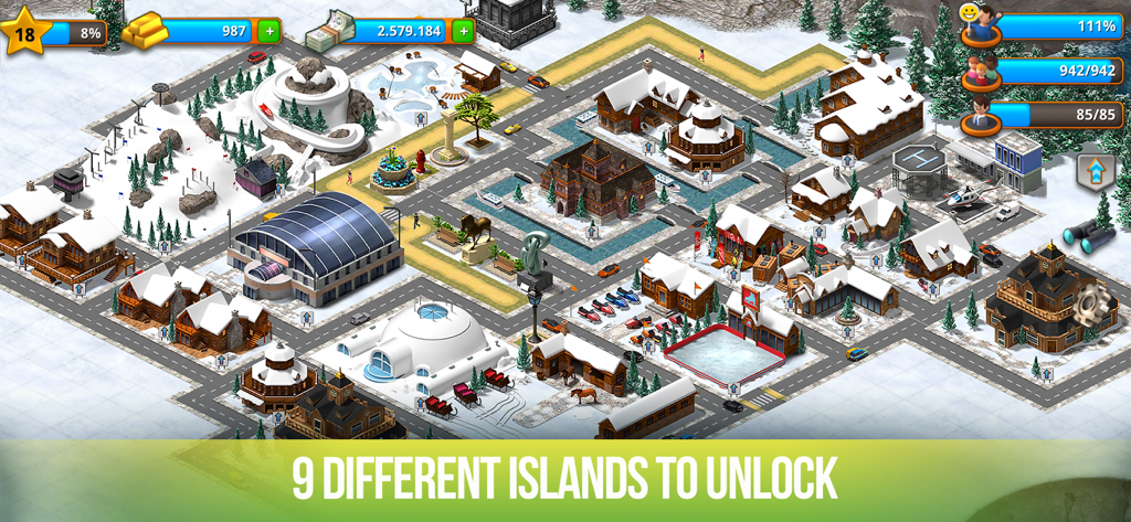 Paradise City: Simulation Game - Gameplay screenshot of a snowy winter island city in Paradise City Simulation Game