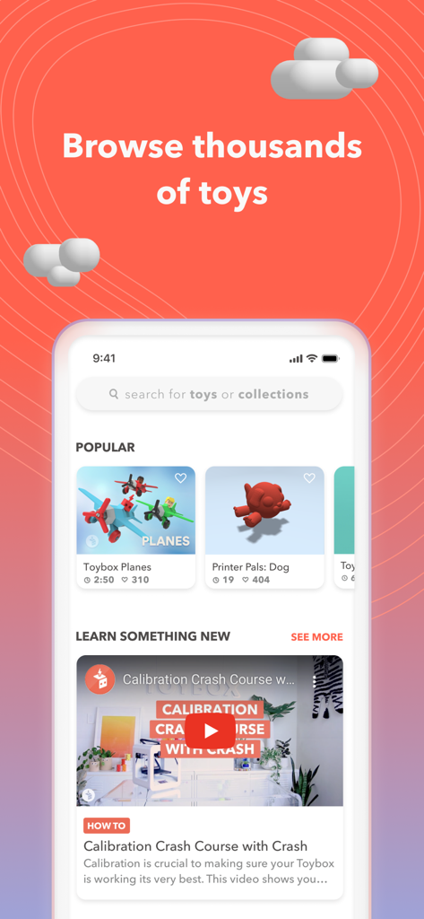 Toybox app home screen displaying popular 3D printable toys and tutorial videos.