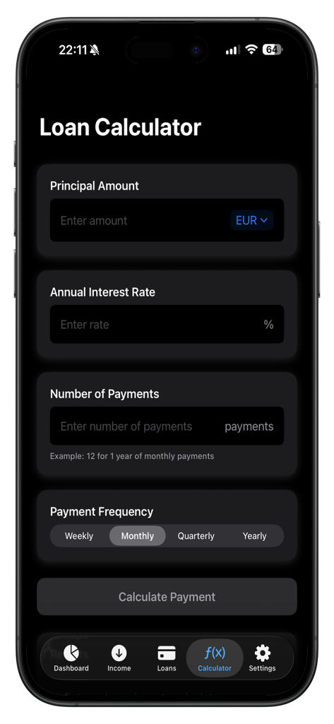 Ypsilon - The Ypsilon app loan calculator screen showing input fields for principal amount annual interest rate and payment frequency