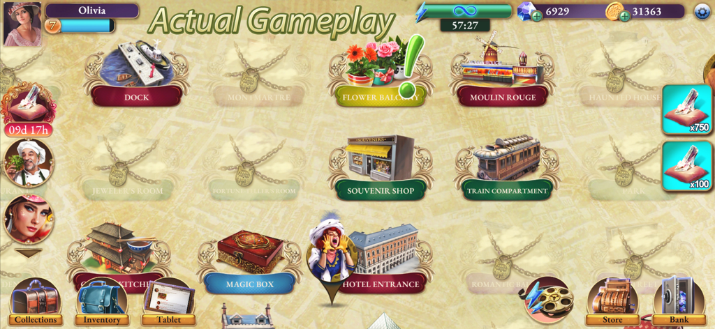 Mapa de selección de niveles con localizaciones parisinas en el juego Secretos de París