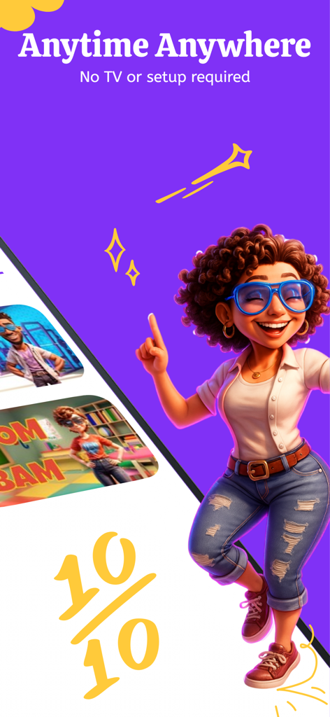 UDOIT: Dance Fitness & Workout - Cheerful animated character pointing up on a purple background highlighting that the UDOIT dance fitness app can be used anytime and anywhere without a TV setup