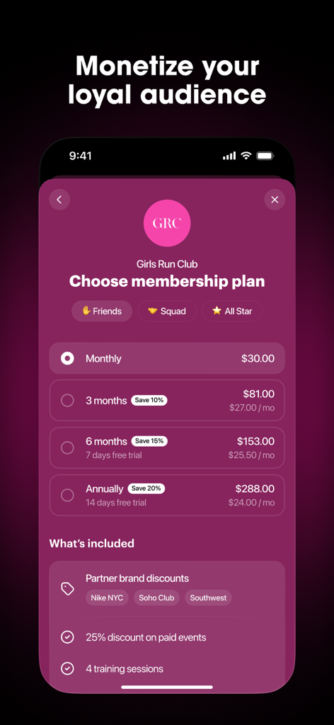 A mobile app interface showing subscription pricing tiers and membership benefits for a community club