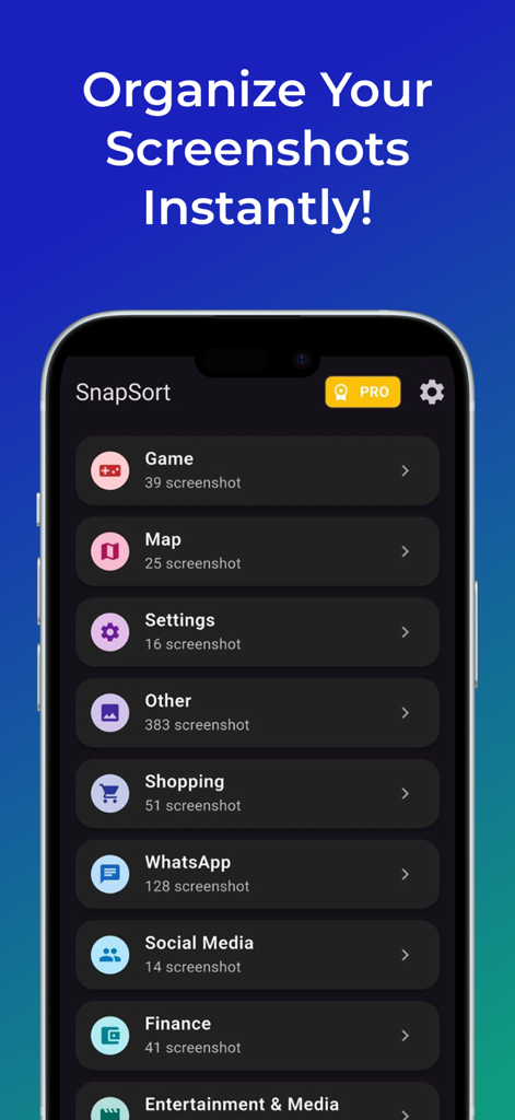 SnapSort app interface displaying smart folders for organizing screenshots by categories like game, map, and shopping.