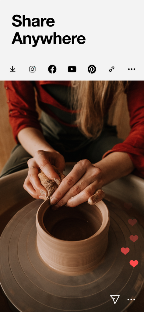 A video of a person crafting pottery on a wheel with options to share to Instagram, Facebook, and YouTube.