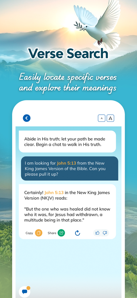 Bible Chat: Study・Daily Verse - Bible Chat app screen showing the Verse Search feature where a user requests a specific scripture through an AI chat interface