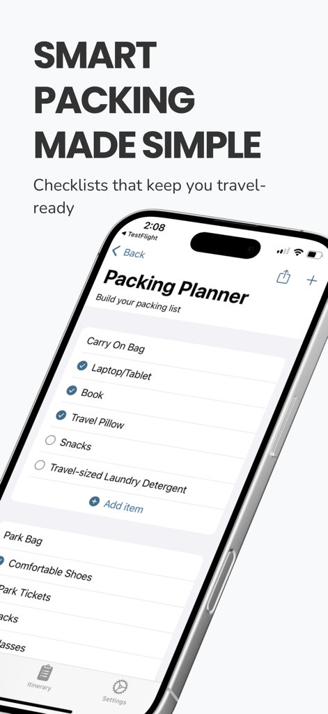 Pocket Trip Planner - Pocket Trip Planner packing list interface showing travel essentials on an iPhone