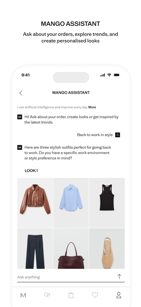 MANGO - Online fashion - MANGO Assistant AI interface suggesting stylish outfits for work