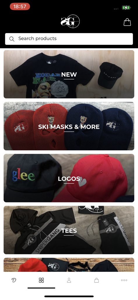 Sniper Gang Apparel App - Sniper Gang Apparel app home screen displaying streetwear categories including new arrivals ski masks logos and tees