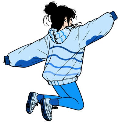 realistic girl jumping with a bun and oversized sweatshirt