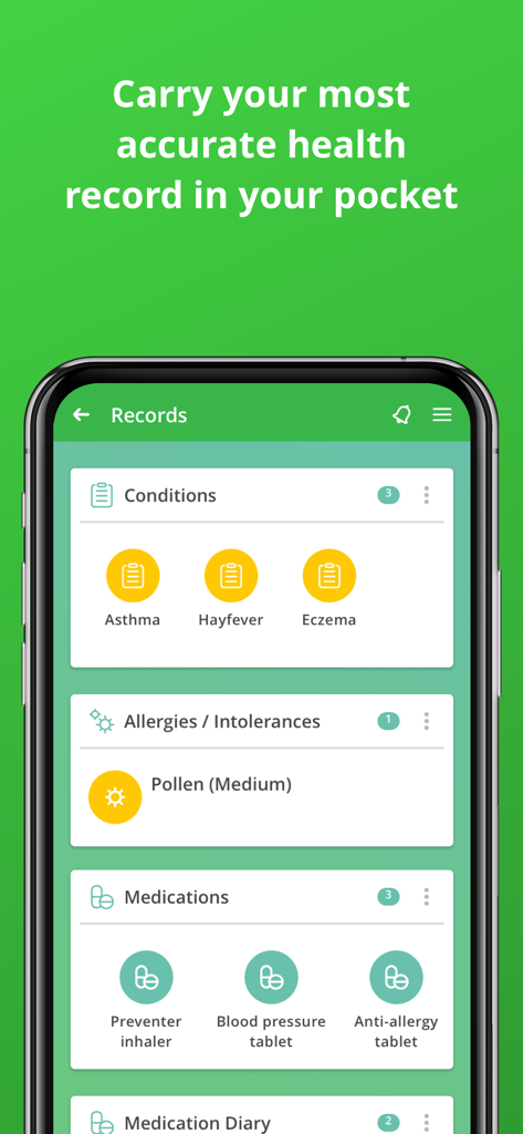 Evergreen Life app screen displaying personal health records including conditions allergies and medications