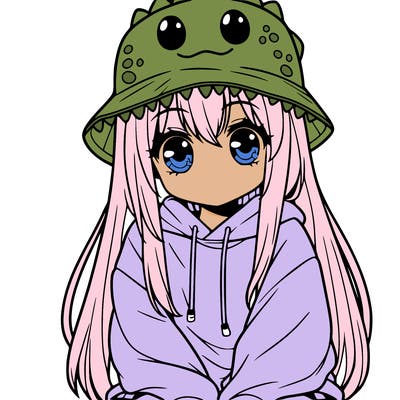 girl with anime shaped eyes with a dinosaur bucket hat oversized sweatshirt long straight hair