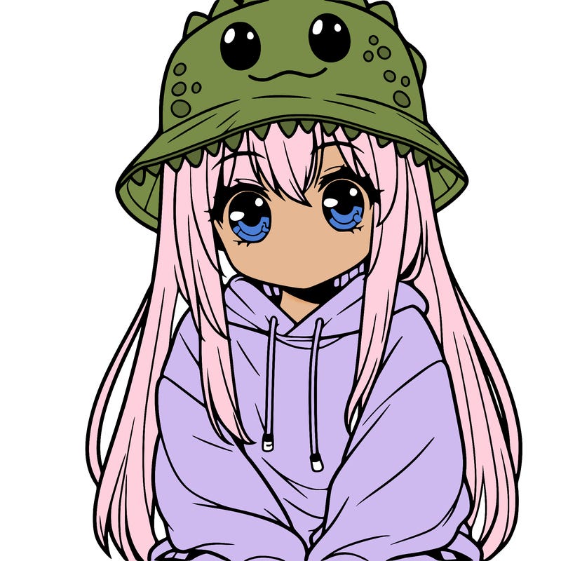 girl with anime shaped eyes with a dinosaur bucket hat oversized sweatshirt long straight hair