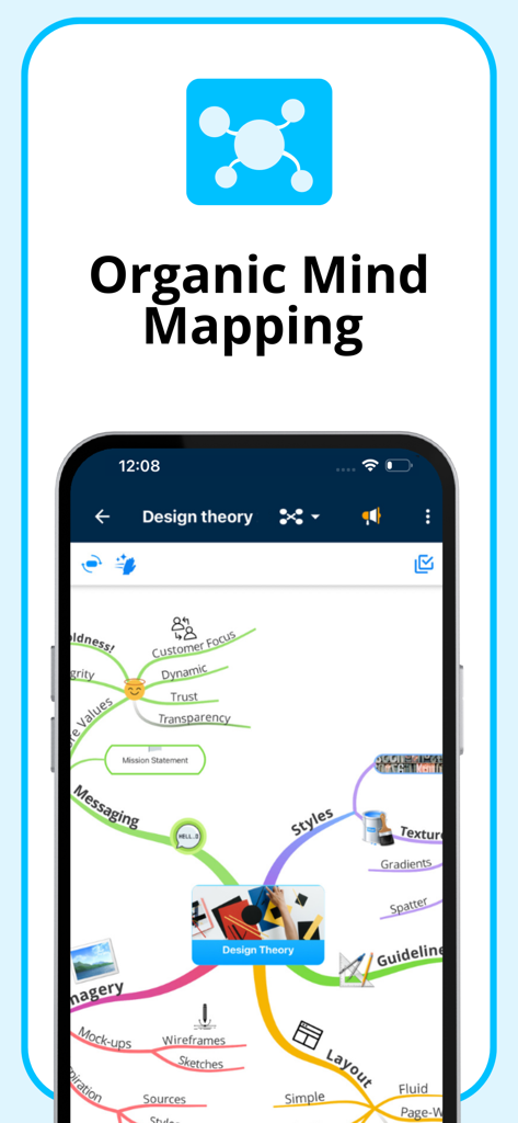 AYOA - Mind Mapping - A smartphone screen showing the AYOA app interface with a colorful organic mind map for design theory