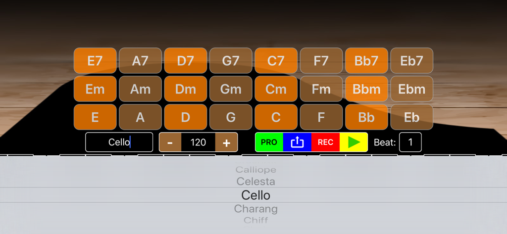 Interface of Chord Player Keyboard app with chord buttons and cello instrument selection