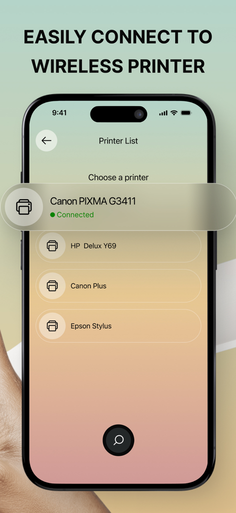 Pantalla del iPhone que muestra una lista de impresoras inalámbricas cercanas con una conectada correctamente