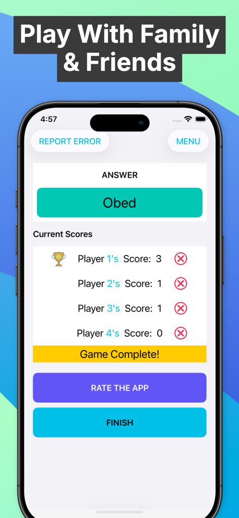 Bible Trivia - Christian Game - 聖書クイズアプリで4人のプレイヤーのポイントを示すマルチプレイヤーのスコア画面