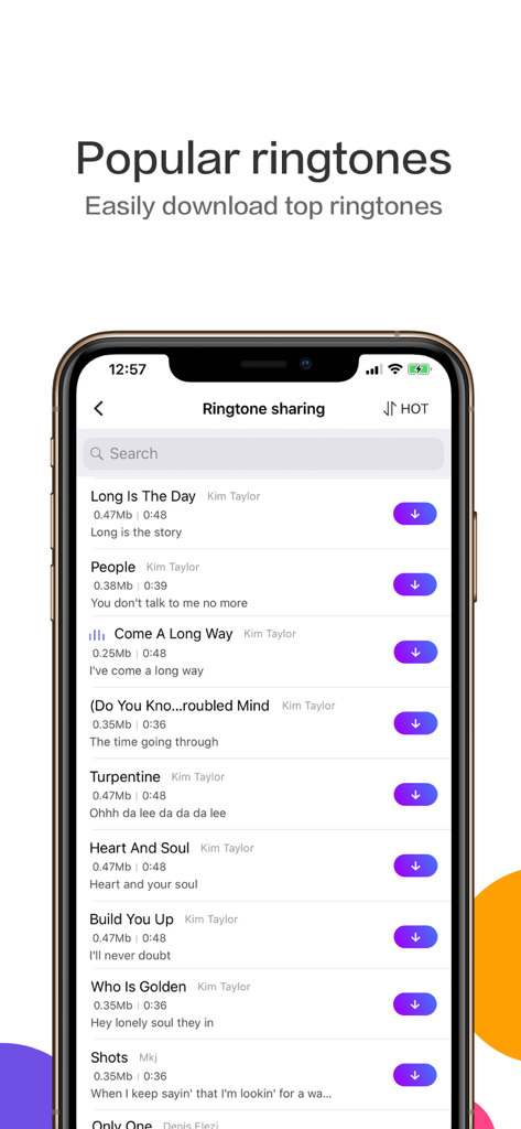 Interface of the Ringtones Maker app showing a list of trending songs and popular ringtones available for download on iPhone.