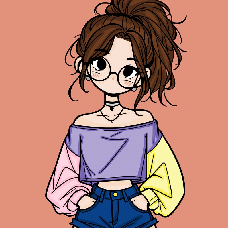 girl with a messy ponytail glasses a baggy crop top and jean shorts