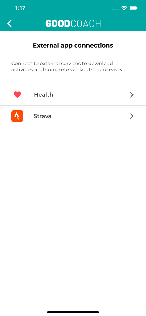 Pantalla de la aplicación Good Coach para conectar servicios externos como Apple Health y Strava.