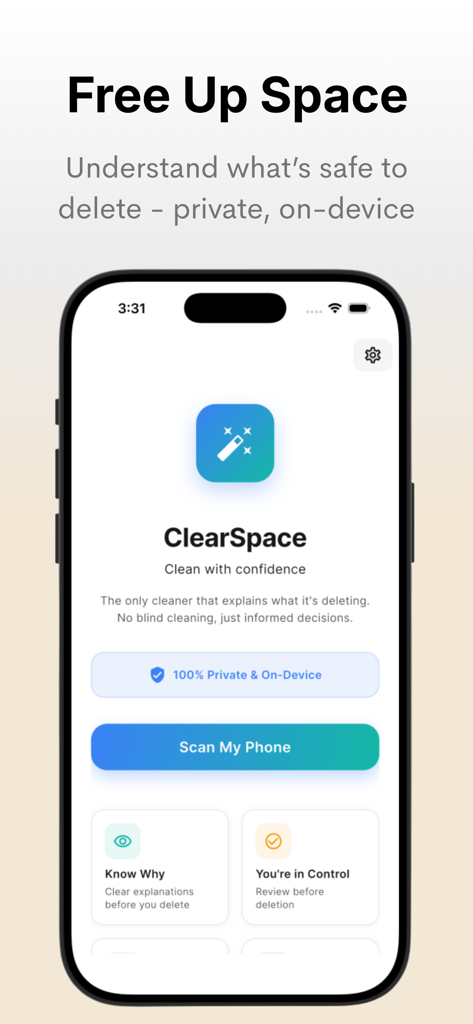 ClearSpace: Storage Cleaner - ClearSpace storage cleaner app interface showing the scan my phone button and privacy features.