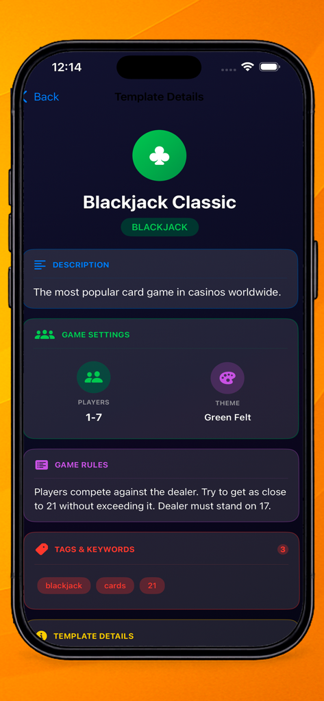 Tabletop Themes Managing - Blackjack game template details showing rules and player settings on the Tabletop Themes Managing app interface