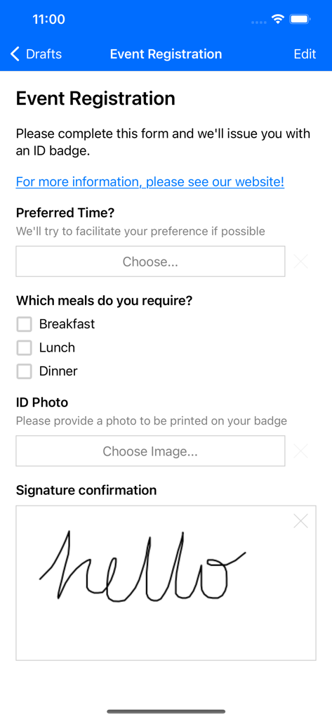 SparkForms - Digital event registration form showing meal selection and digital signature in the SparkForms app