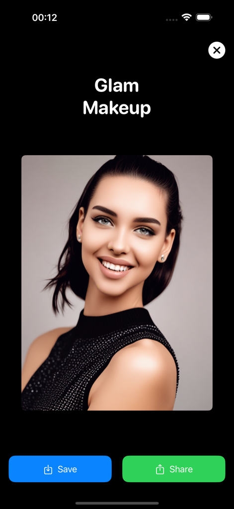 Benutzeroberfläche der Make-up KI Anprobe App, die eine Glam-Stil-Transformation mit Optionen zum Speichern und Teilen anzeigt