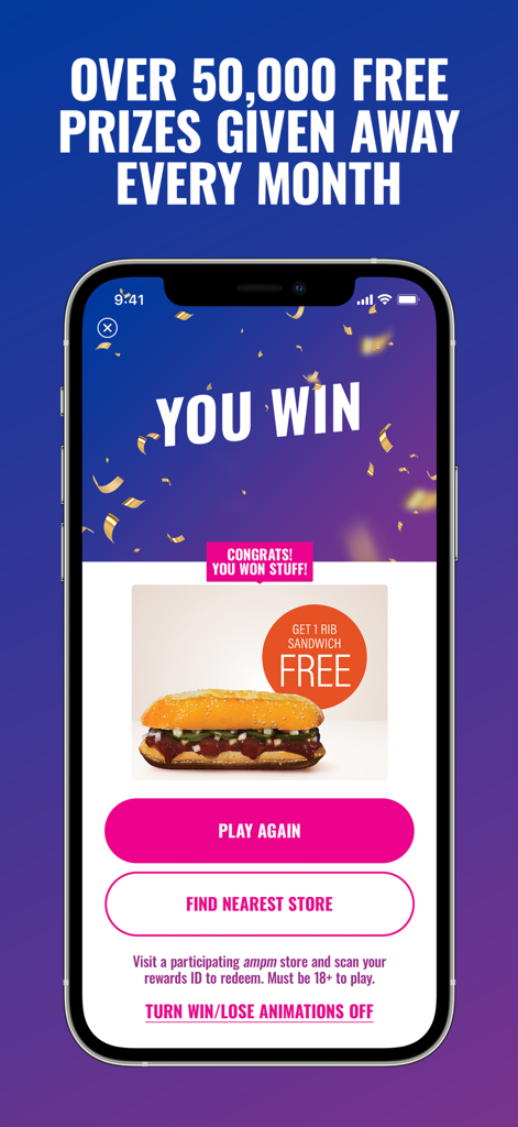 Smartphone display of ampm app showing a winning screen for a free rib sandwich prize