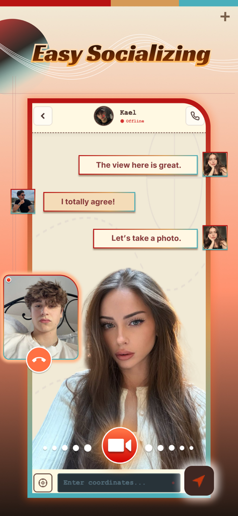Comfy - Chat - Comfyアプリ内のビデオ通話とチャットのインターフェース。「簡単な交流」という見出しが表示されている。