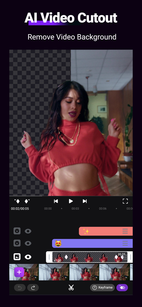Motion Ninja interface demonstrating the AI video cutout tool which removes the background from a clip of a woman dancing.