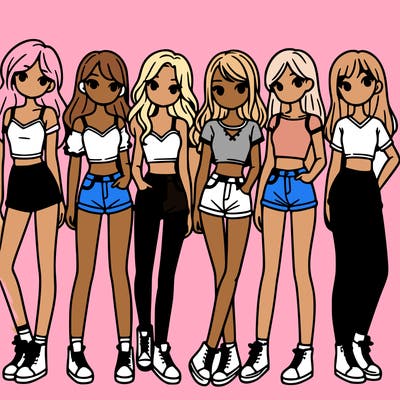 a group of girls wearing crop tops and shorts