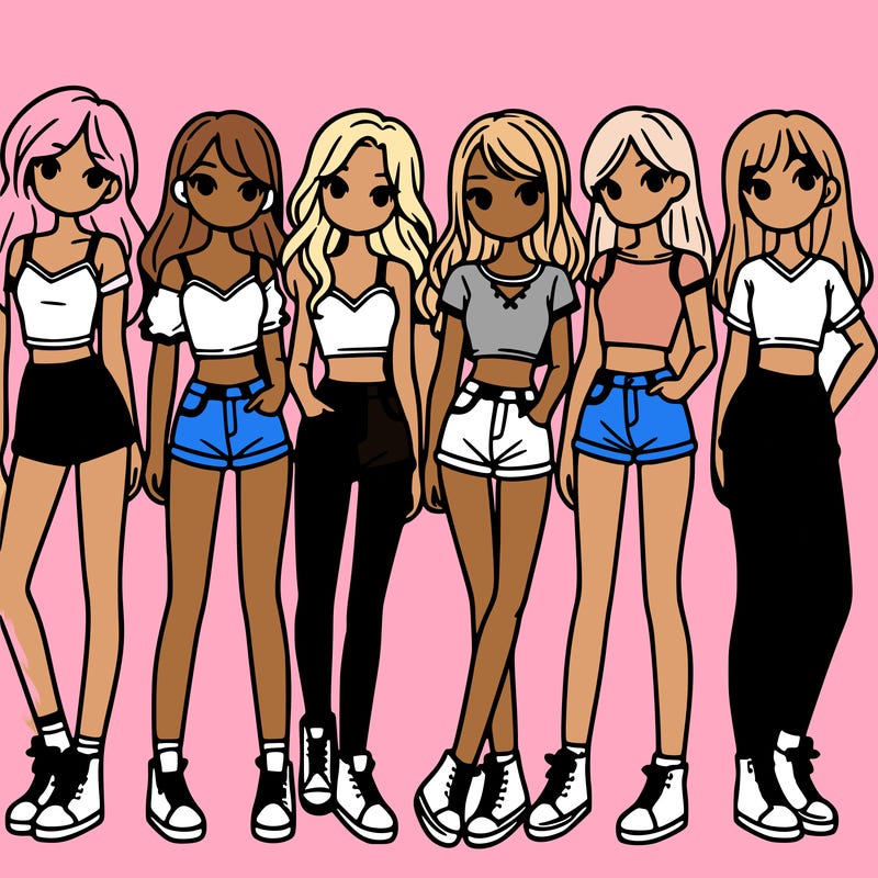a group of girls wearing crop tops and shorts