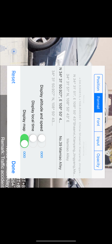 Interface of Timestamp Camera Enterprise showing GPS coordinate formats and map overlay options