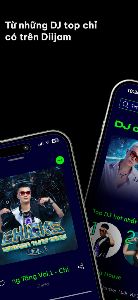 Diijam app screen featuring top Vietnamese DJs and EDM mixes.