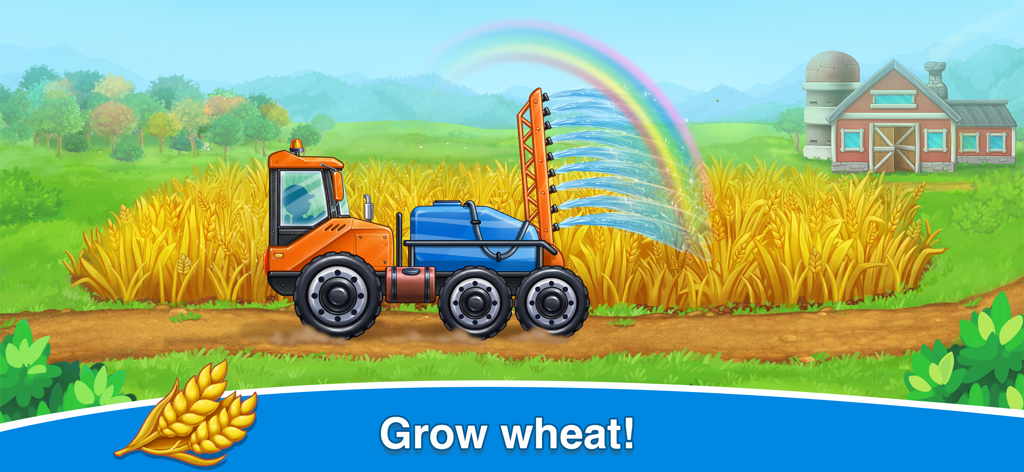 Farm car games: Tractor, truck - Un vehículo de granja de color naranja regando un campo de trigo bajo un arcoíris