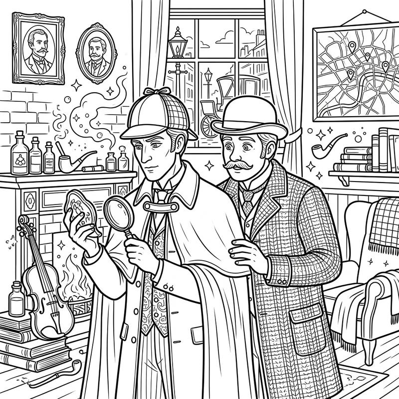 Step into the world of deduction with our Sherlock Holmes and Dr. Watson coloring page. This intricate design brings the famous detective duo to life in their cozy Baker Street study, ready for your artistic touch.