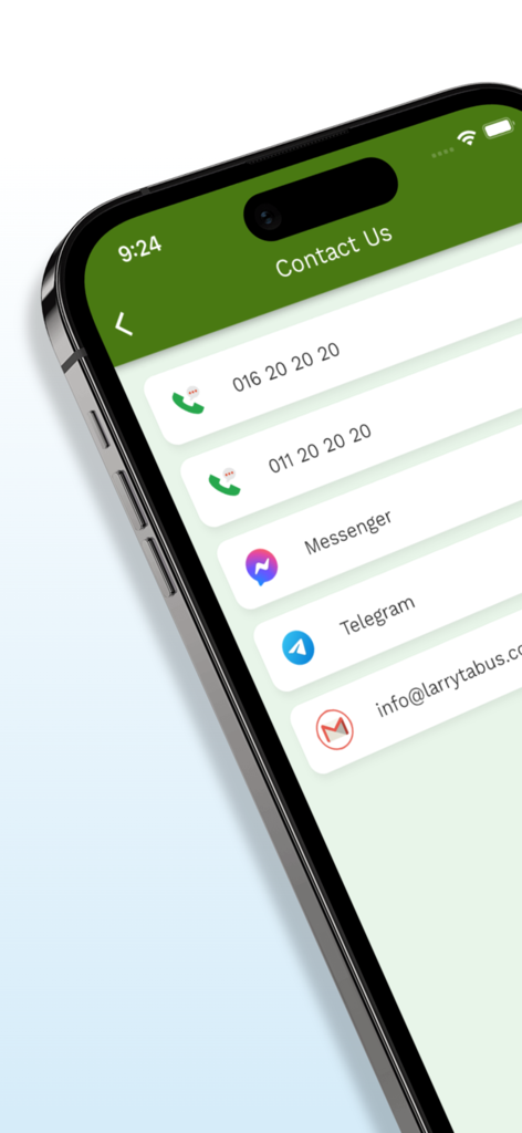 Larryta Bus - Larryta Bus app Contact Us screen displaying phone numbers, Messenger, and Telegram support options.