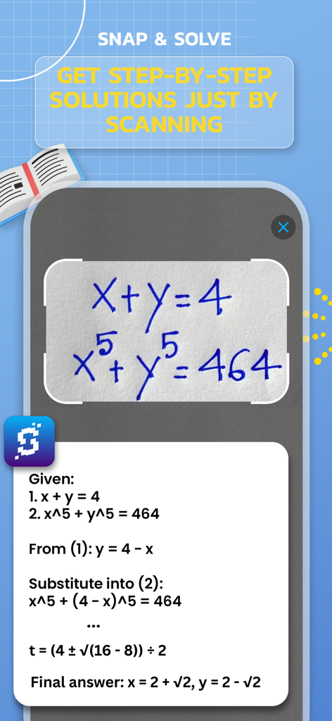 Solve - AI Homework Helper - Solve AI app showing a scanned math problem with a detailed step by step solution