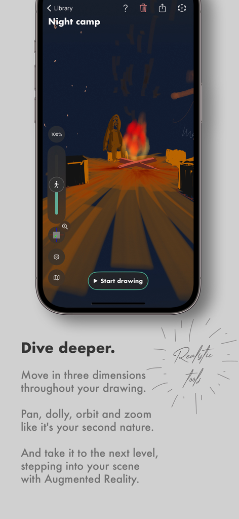 Metaspace - 3D Sketchbook - Smartphone screen showing Metaspace 3D Sketchbook app with a night camp drawing and description of spatial navigation and AR features