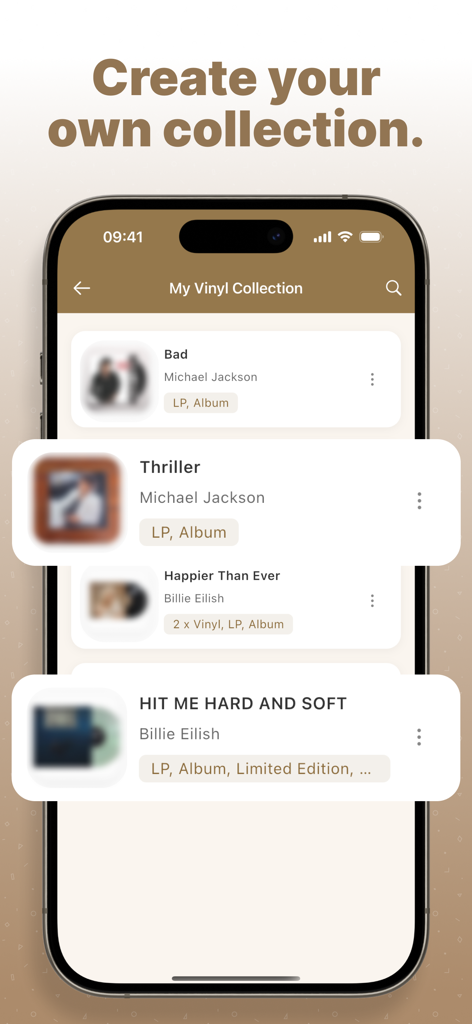 A mobile phone screen showing a curated digital vinyl collection including Michael Jackson and Billie Eilish albums.