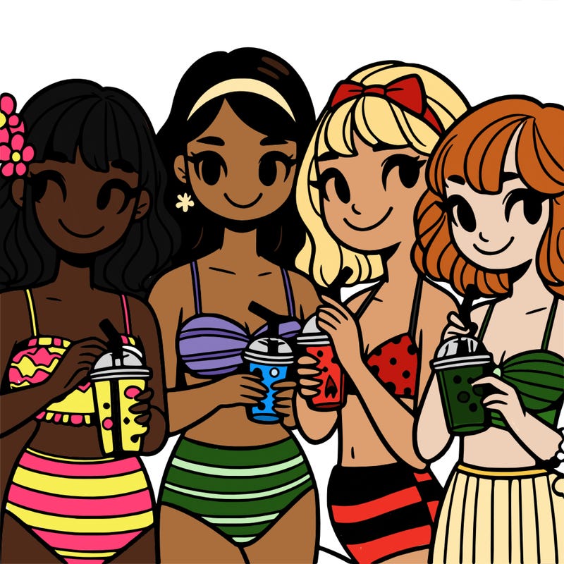 group of girls in bikinis drinking sodas