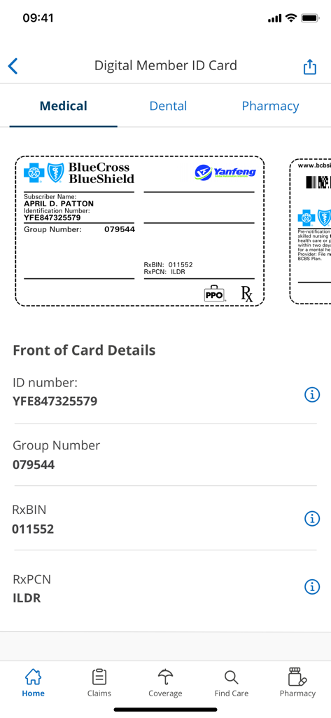 Digital medical insurance ID card displayed within the BCBSIL mobile app