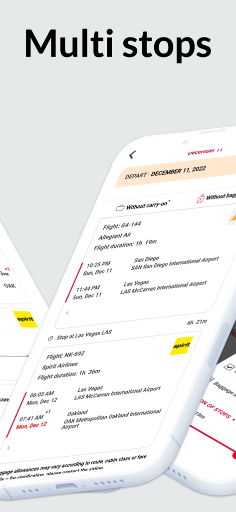 格安旅行のための複数都市乗り継ぎフライト旅程を表示するアプリインターフェース