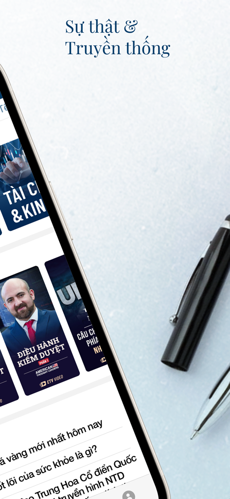 Interfaccia dell'app mobile Epoch Times Tieng Viet che mostra articoli di notizie e lo slogan Verità e Tradizione