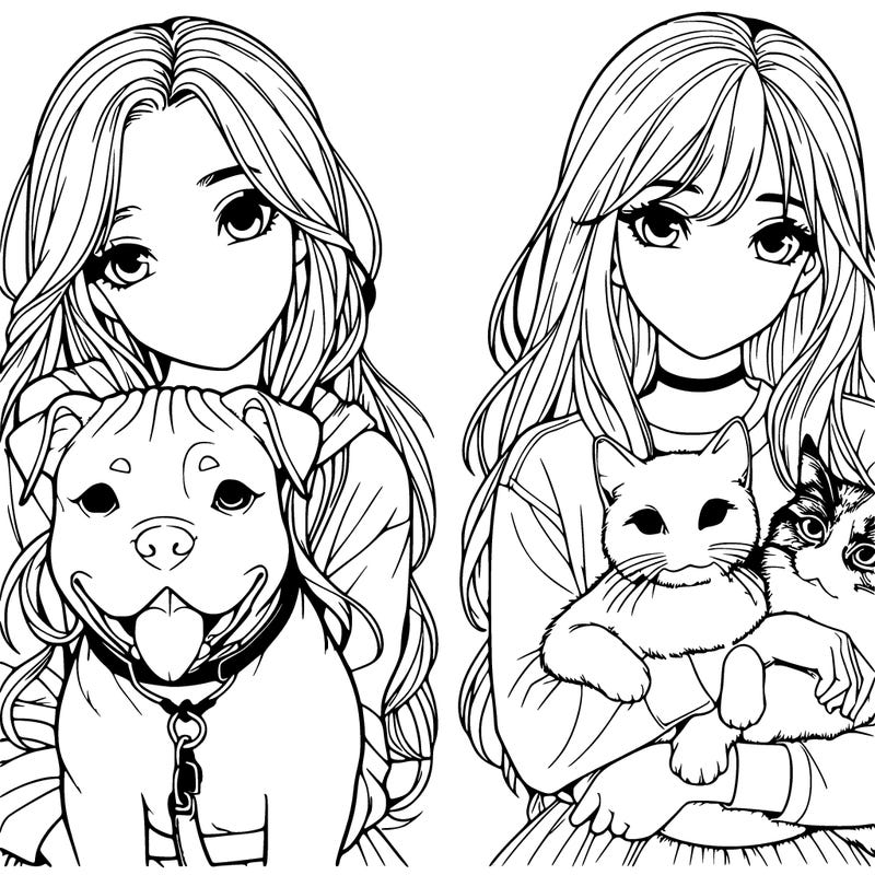 2 girls. 1 girl with a pitpull. the other girl with a cat. realistic. with long hair.