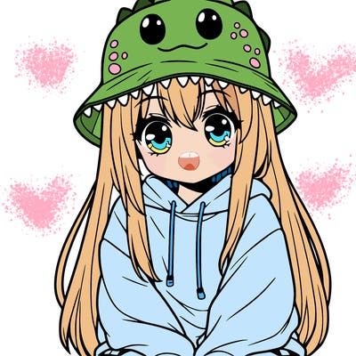 girl with anime shaped eyes with a dinosaur bucket hat oversized sweatshirt long straight hair