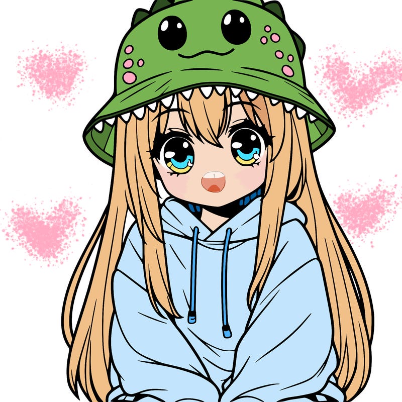 girl with anime shaped eyes with a dinosaur bucket hat oversized sweatshirt long straight hair