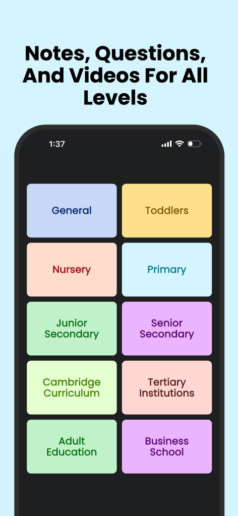 FlashLearners: Study & CBT - FlashLearners app interface showing educational categories for all levels from toddlers to tertiary institutions