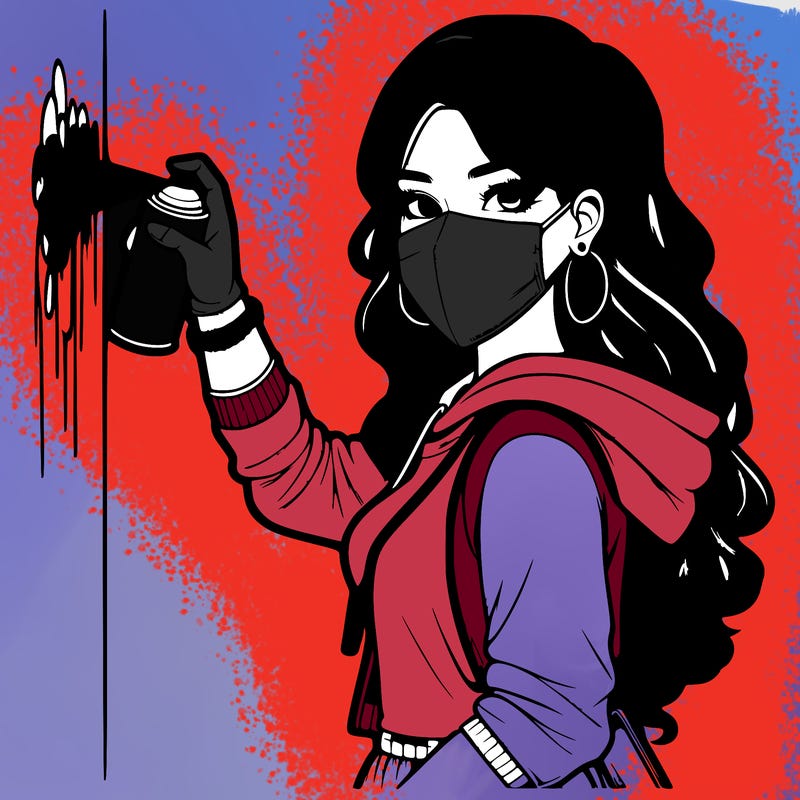 realistic girl with mask spray painting a wall