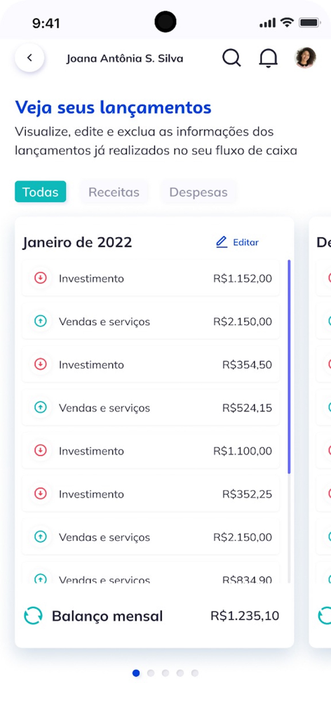 Écran de gestion de trésorerie de l'application Sebrae montrant une liste des revenus et dépenses de l'entreprise